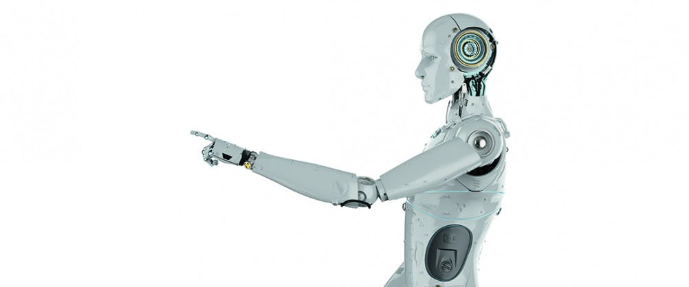 3d rendering humanoid robot finger point on white background